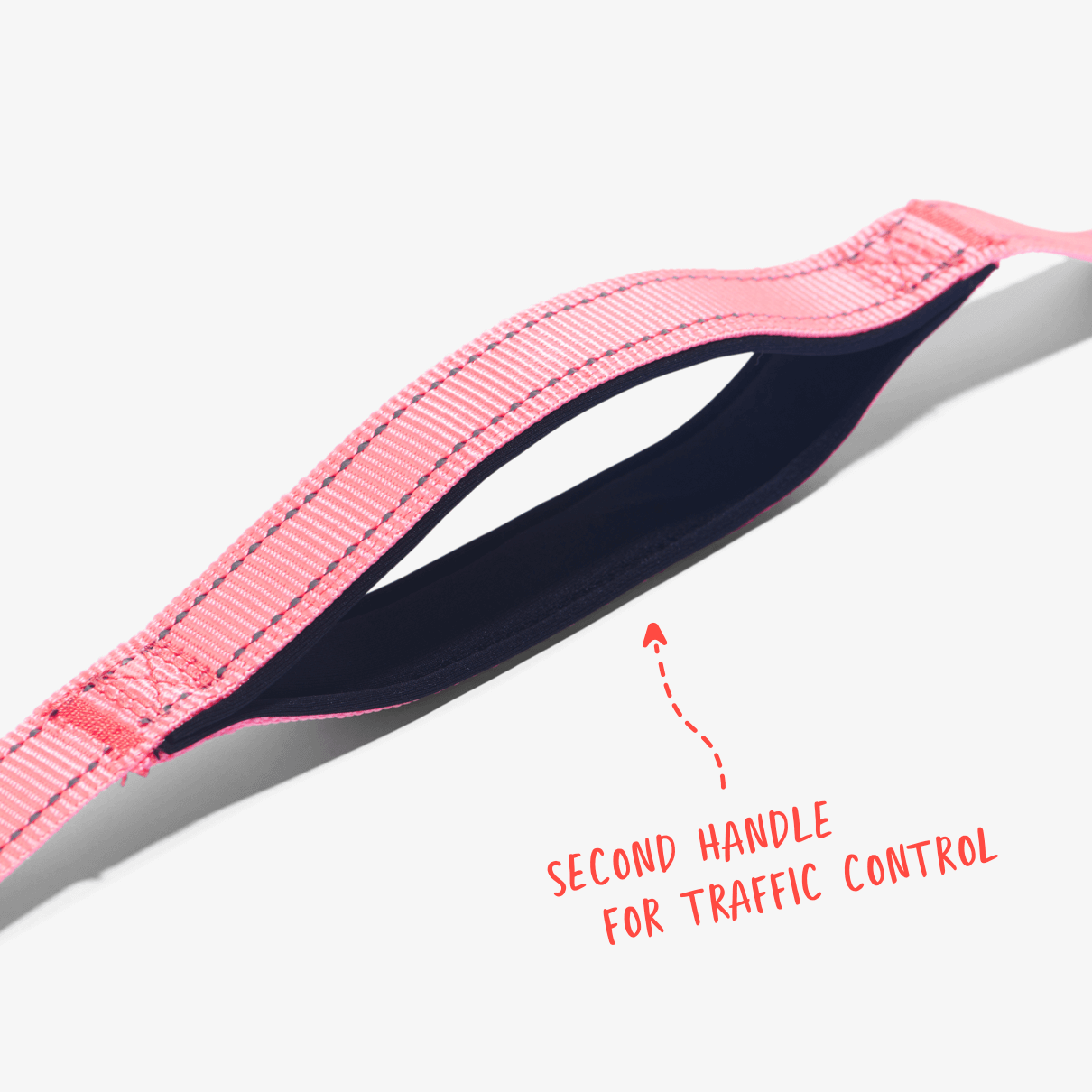 Pink total control dog leash showing second handle for traffic control